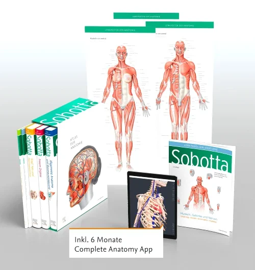 Coperta cărții "Sobotta Atlas der Anatomie, 3 Bände + Lerntabellen + Poster Collection im Schuber und 6-monatiger Zugang zur Complete Anatomy-App" de autor necunoscut